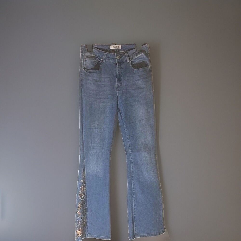 Telepatia Juniors Blue Medium Wash Denim Flared Jeans with Embroidered Accents